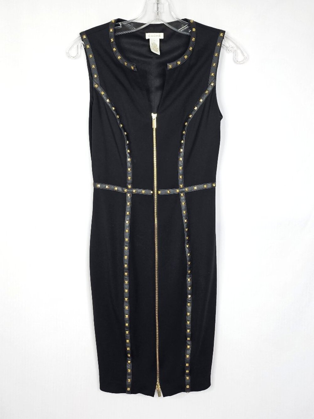 Cache Black Bodycon Dress | Gold Studded Zip Front | Size 0